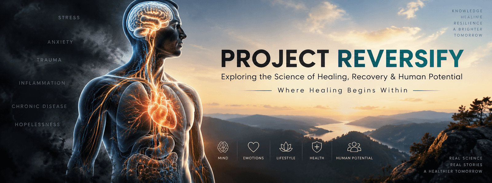 roject Reversify cover image showing a human figure with illuminated brain and heart connected through the body, symbolizing the mind-body connection, healing, recovery and human potential